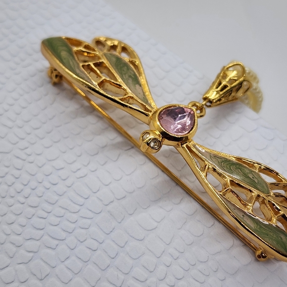 Avon Dragon Fly Gold & Faux Pearl Brooch Pendant - Picture 15 of 17